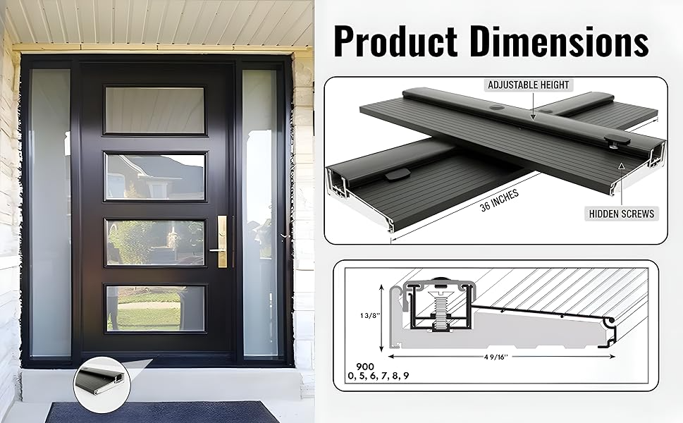 KC Hardware Exterior Door Threshold 4 9/16" Outdoor Swing Black Threshold Heavy Duty Adjustable Aluminum Door Sill Pan for Weatherproof & Easy Install for Residential/Commercial Use- 36" Length