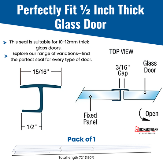 CBW Frameless Shower Door Side Seal Strip H-Type 180 Degree 72'' Length, Clear (1/2'' Glass)