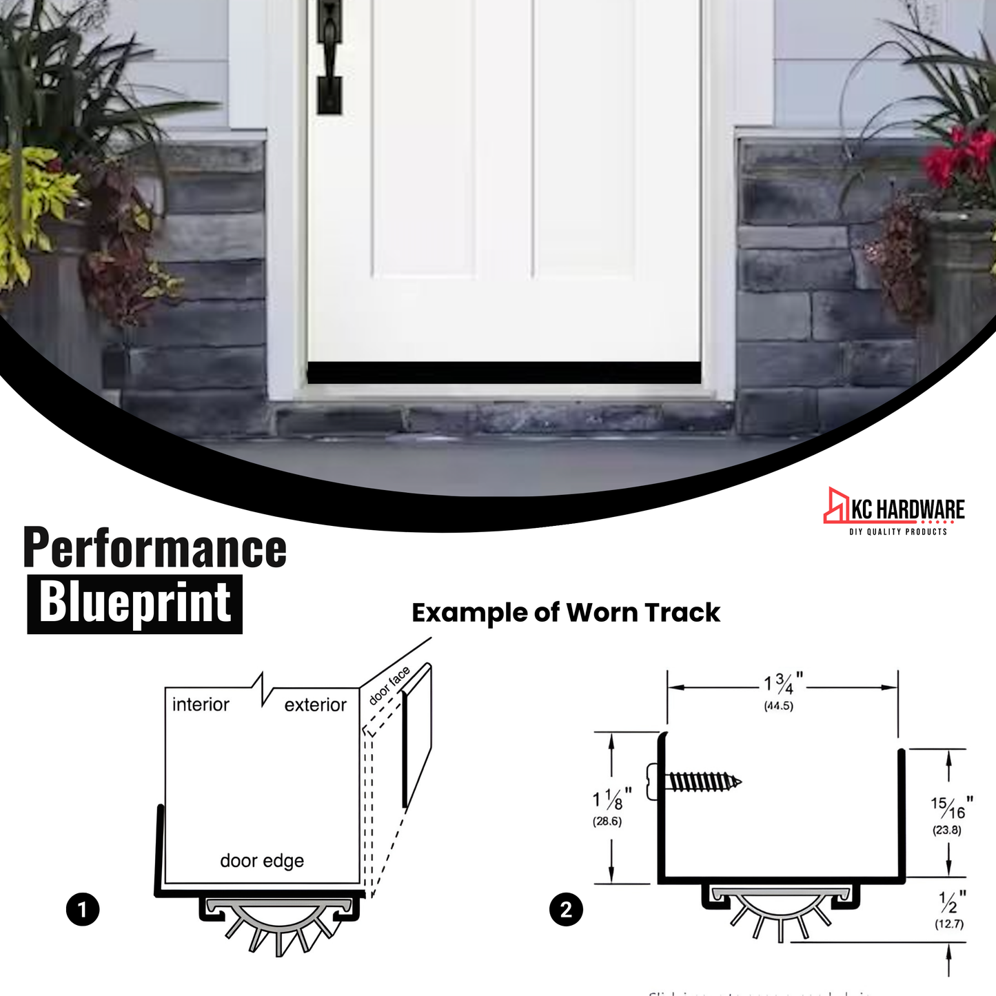 U Shaped Aluminum Door Bottom Sweep with Drip Cap, Weather Stripping Seal for Exterior Doors, 1 3/4" Width, Black
