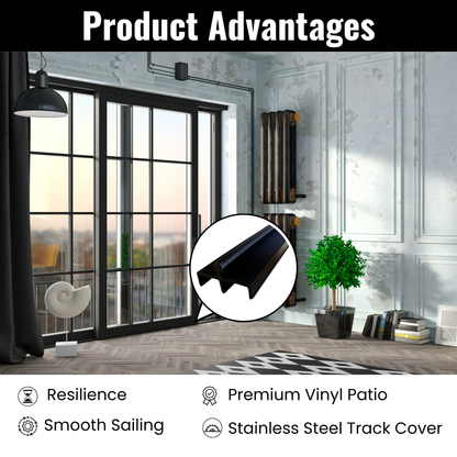 KC Hardware Premium Black Vinyl Sliding Door Track with Stainless Steel Cover - Ideal for Glass and Screen Doors, Home Improvement and Patio.