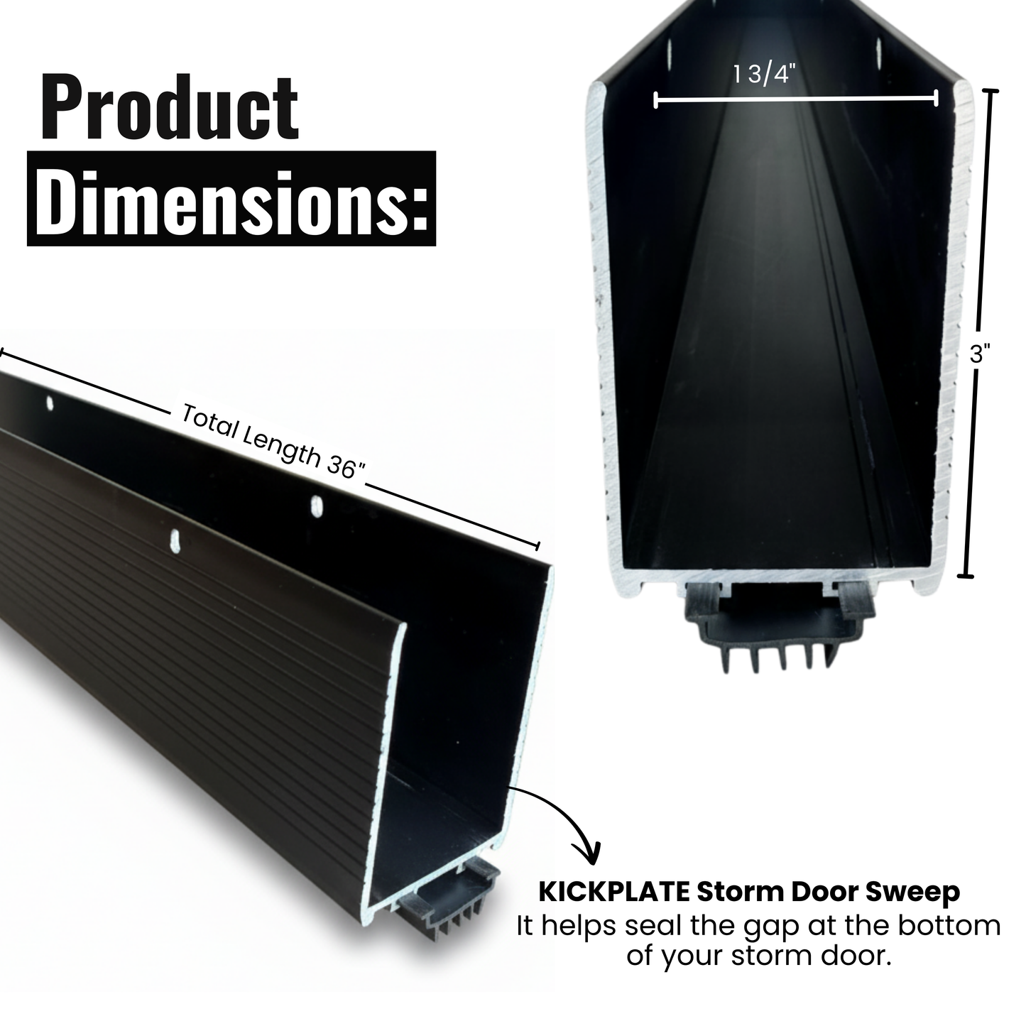 Storm Door Bottom Sweep Black U-Wrap Aluminum 36" x 1-3/4" x 3"