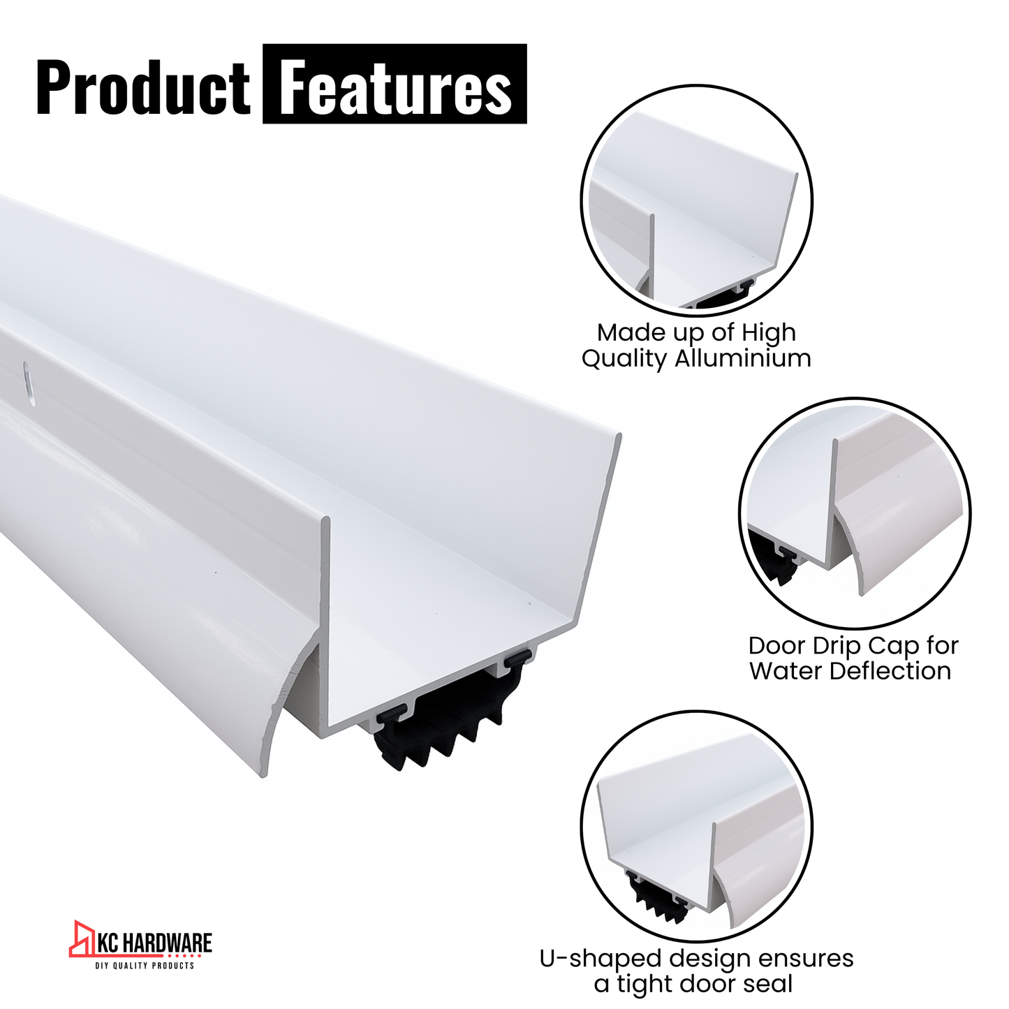 Aluminum U-Shaped Door Bottom Sweep with Drip Cap, 1 3/4" Width