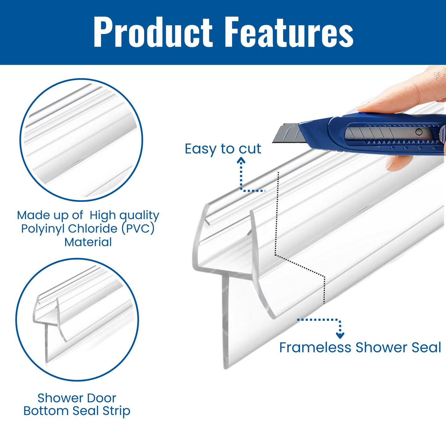 KC Hardware 36 Inch Frameless Clear Door Bottom Seal with Wipe, Shower Door Sweep for 1/4 Glass- Stops Water Leakage and Shower Leaks