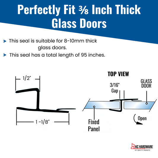 KC Hardware 95 Inch Frameless Shower Door Side Seal Strip, Door H-Jamb with Vinyl Insert (180 Degree) for 3/8 Inch (8-10mm) Thick Glass, Water Guard That Prevents leaks, Ultra Clear