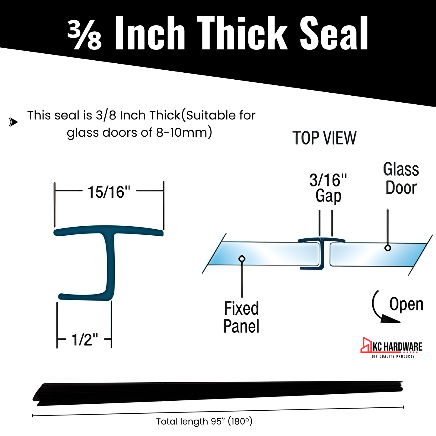 95" H-Type Shower Door Side Seal for 3/8" Glass (8–10mm) - Black