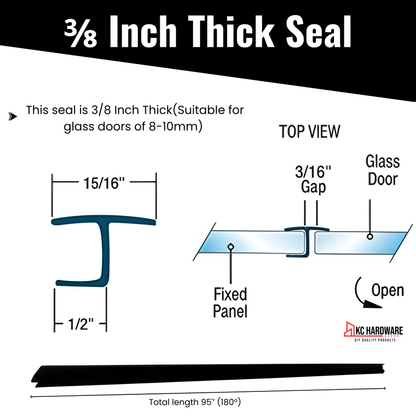 95" H-Type Shower Door Side Seal for 3/8" Glass (8–10mm) - Black