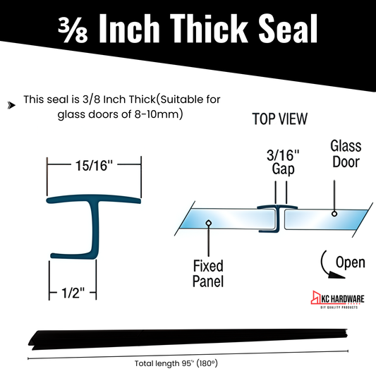 95 Inch Frameless Shower Door Side Seal Strip, H-Type Glass Shower Door Seal Strip (180 Degree) for 3/8 Inch (8-10mm) Thick Glass, Water Guard That Prevents leaks, Black