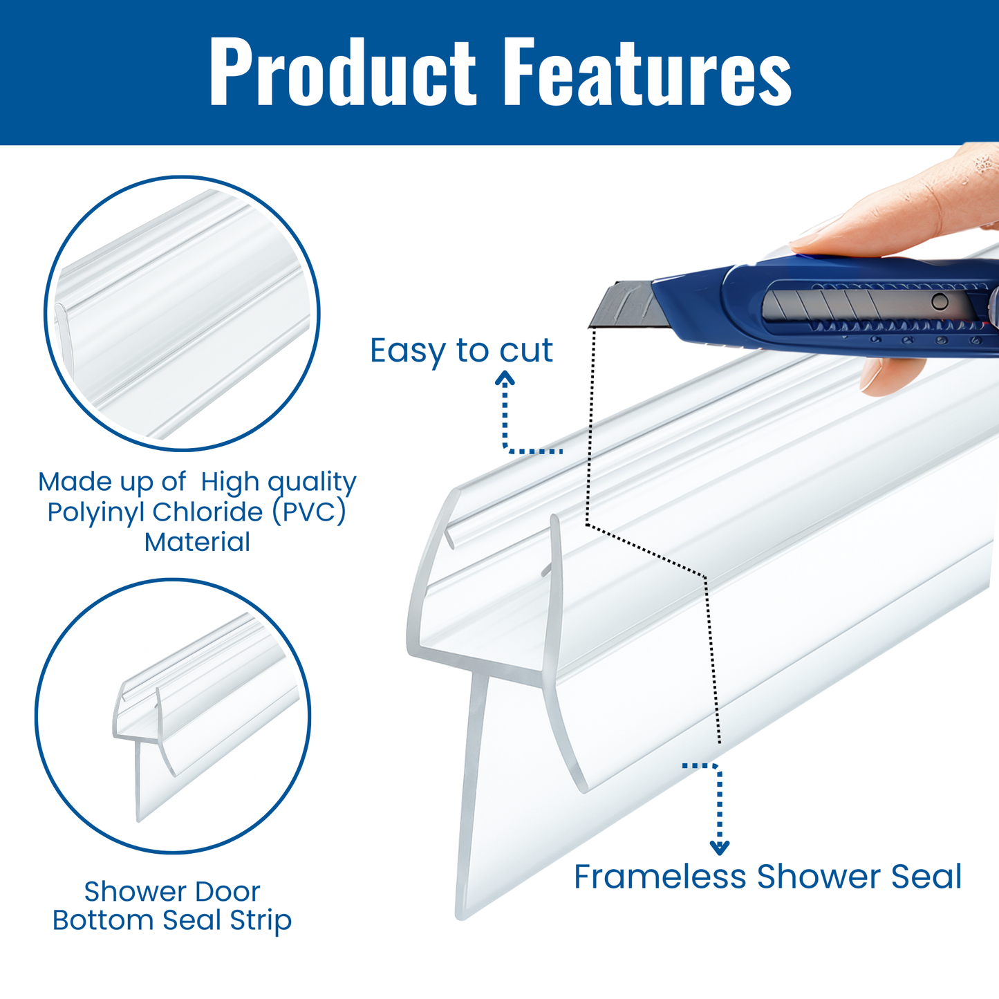 KC Hardware 47 Inch Frameless Clear Door Bottom Seal with Wipe, Shower Door Sweep for 3/8 Inch (8-10mm) Glass- Stops Water Leakage and Shower Leaks