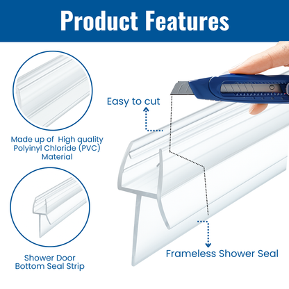 KC Hardware 47 Inch Frameless Clear Door Bottom Seal with Wipe, Shower Door Sweep for 3/8 Inch (8-10mm) Glass- Stops Water Leakage and Shower Leaks