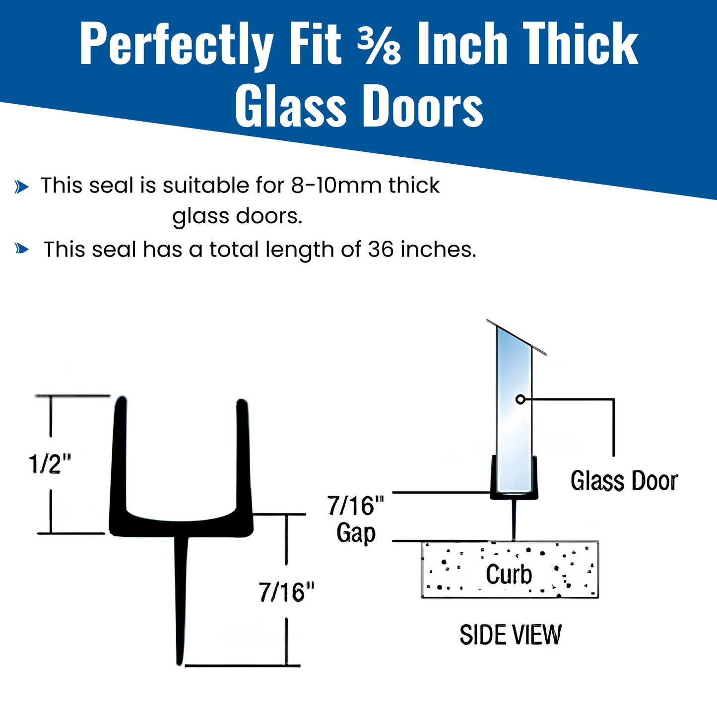 KC Hardware 36 Inch Frameless Clear Shower Door Bottom Seal with Wipe, Shower Door Sweep for 3/8 Glass- Stops Water Leakage and Shower Leaks