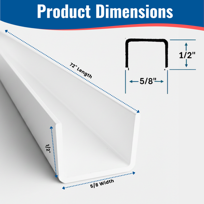 KC Hardware Aluminum Side U Channel Frame 5/8" Wide x 1/2" Tall for Sliding Screen Door, Weather Resistant Sliding Screen Patio Door Channel (White, 72" (Pack of 1)