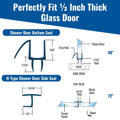 Frameless Shower Door Kit Side H 72'' + Bottom Seals Strips with Drip Rail 40''- Ultimate Kit for Shower Leaks (1/2'' Thickness (12mm)) Clear