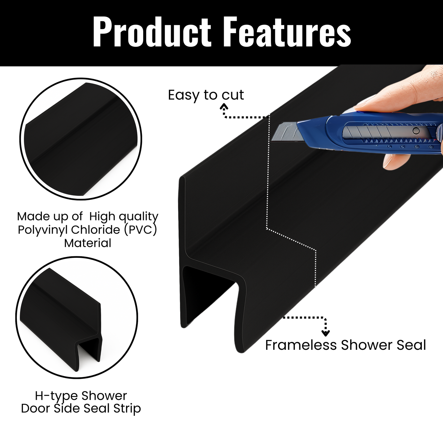 95" H-Type Shower Door Side Seal for 3/8" Glass (8–10mm) - Black