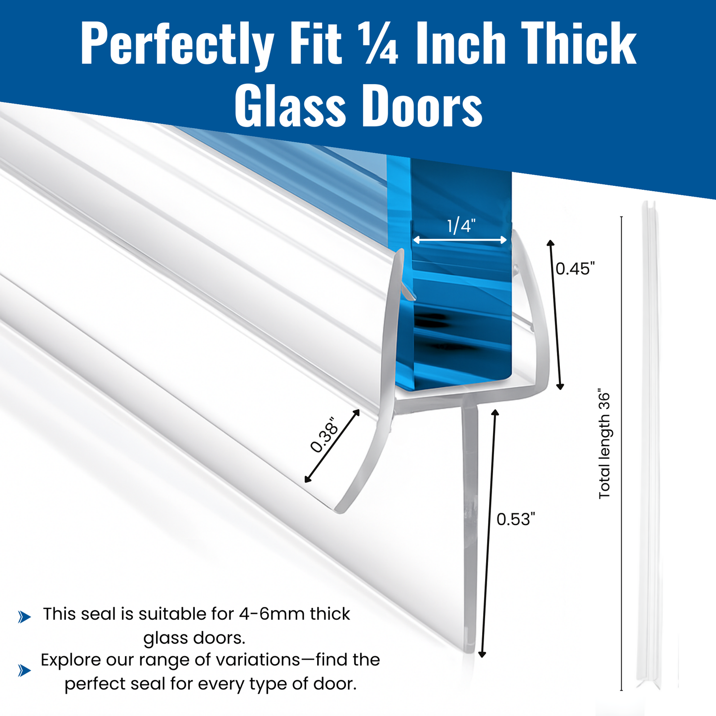 KC Hardware 47 Inch Frameless Clear Door Bottom Seal with Wipe, Shower Door Sweep for 3/8 Inch (8-10mm) Glass- Stops Water Leakage and Shower Leaks