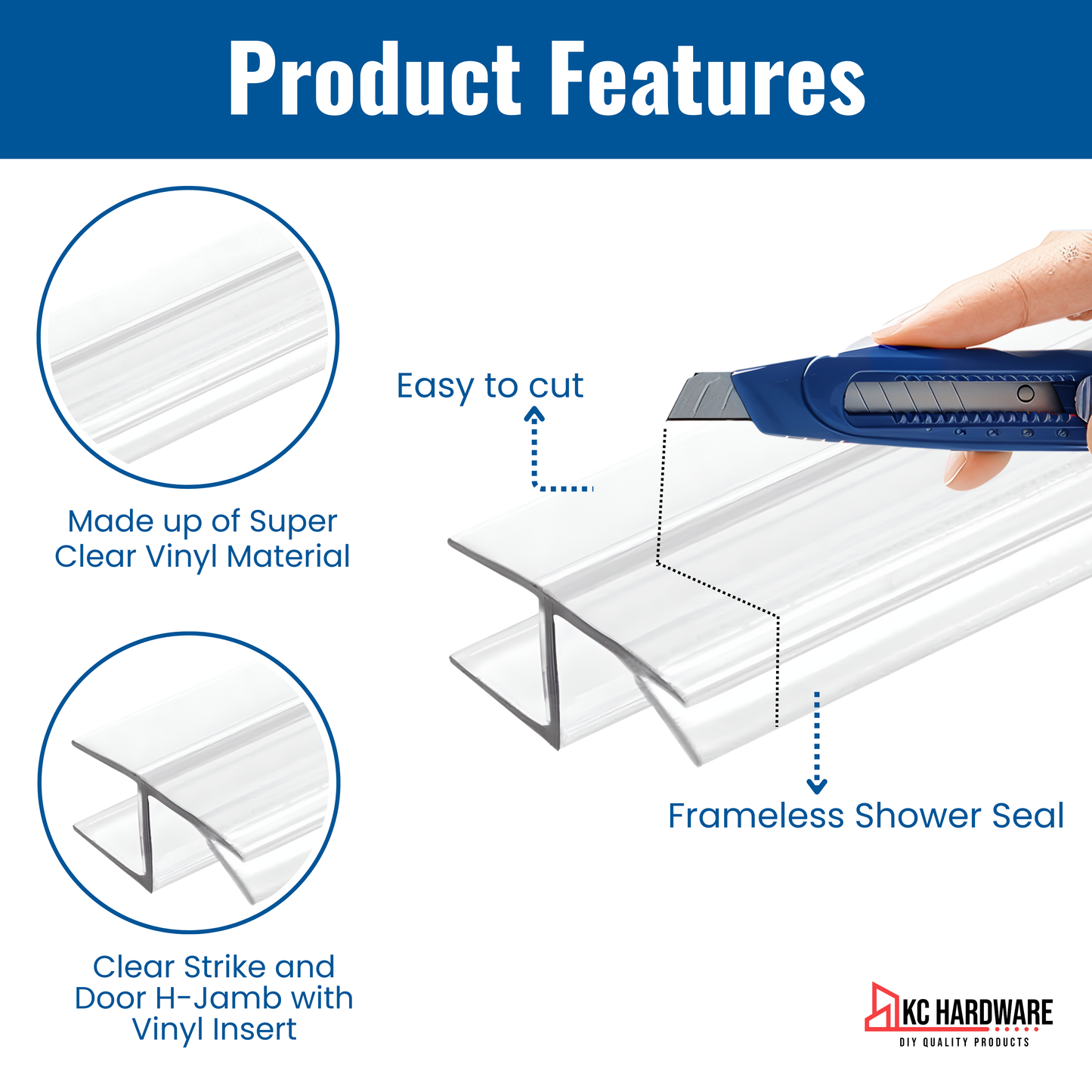 KC Hardware 95 Inch Frameless Shower Door Side Seal Strip, Door H-Jamb with Vinyl Insert (180 Degree) for 3/8 Inch (8-10mm) Thick Glass, Water Guard That Prevents leaks, Ultra Clear
