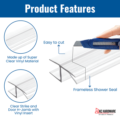KC Hardware 95 Inch Frameless Shower Door Side Seal Strip, Door H-Jamb with Vinyl Insert (180 Degree) for 3/8 Inch (8-10mm) Thick Glass, Water Guard That Prevents leaks, Ultra Clear
