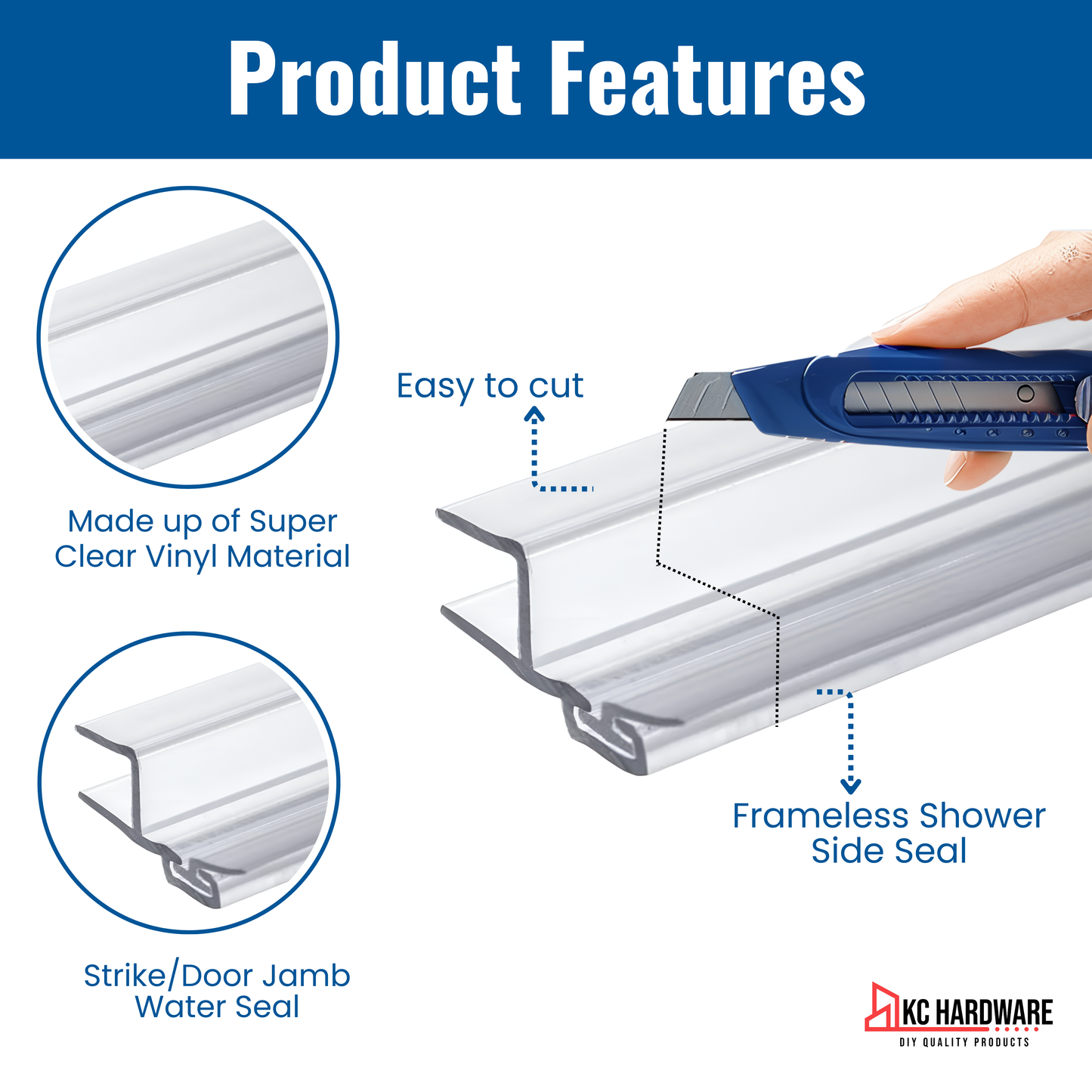 KC Hardware Strike/Door Jamb Water Seal- 95 inch Length (180 Degree) for 3/8 Inch Thick Glass, Water Guard That Prevents leaks, Ultra Clear