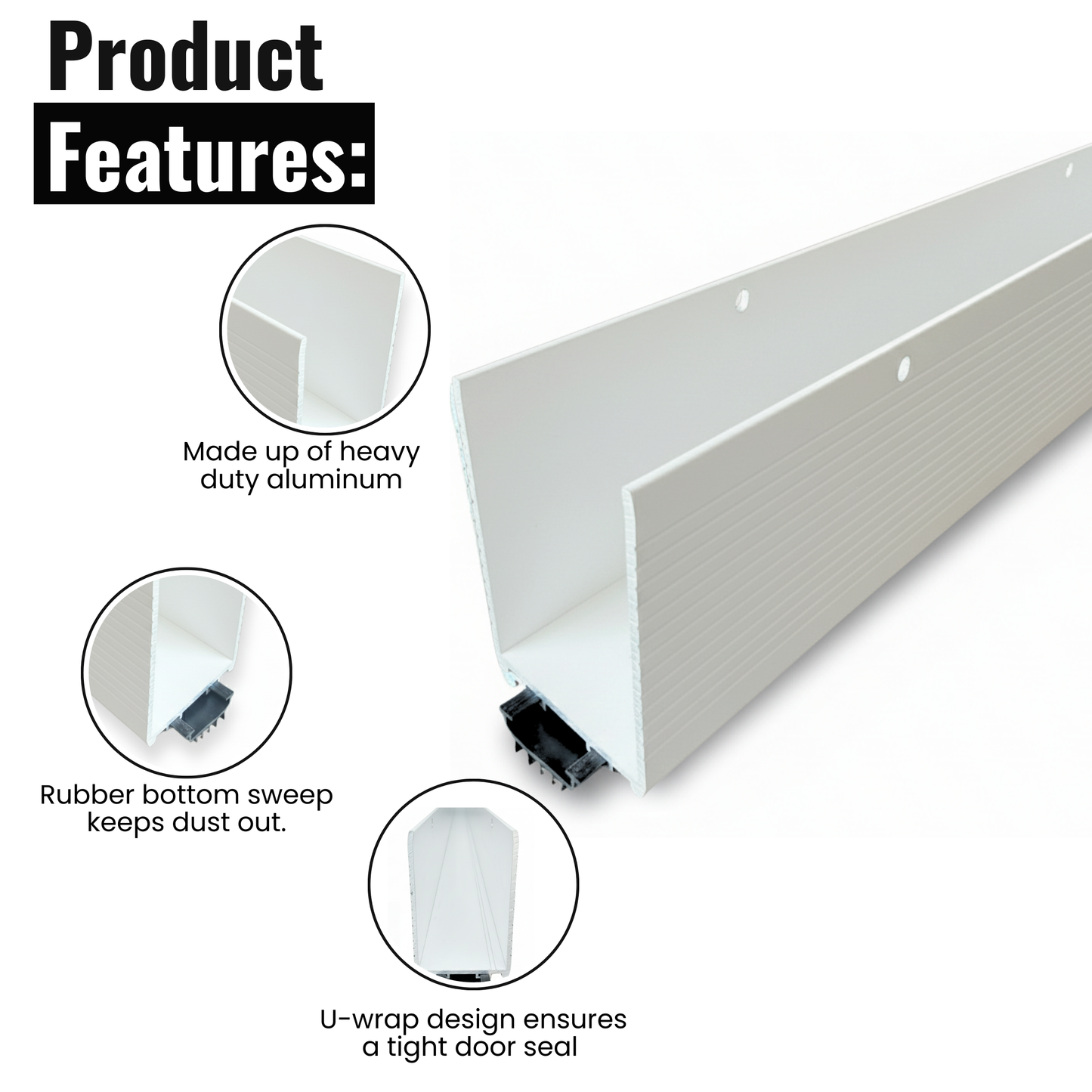 48 In White Aluminum U-Shaped Storm Door Bottom Sweep with Rubber Seal