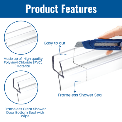 KC Hardware 36 Inch Frameless Clear Shower Door Bottom Seal with Wipe, Shower Door Sweep for 3/8 Glass- Stops Water Leakage and Shower Leaks