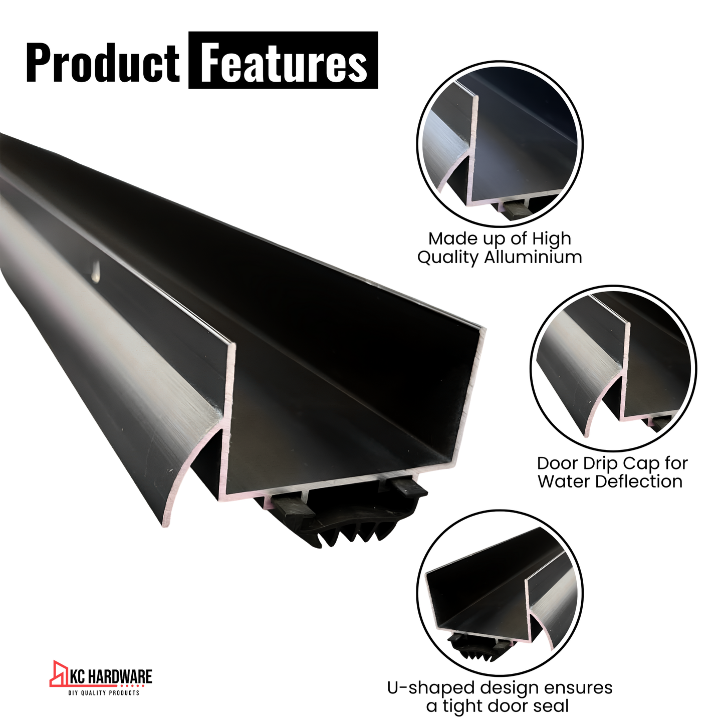 U Shaped Aluminum Door Bottom Sweep with Drip Cap, Weather Stripping Seal for Exterior Doors, 1 3/4" Width, Black