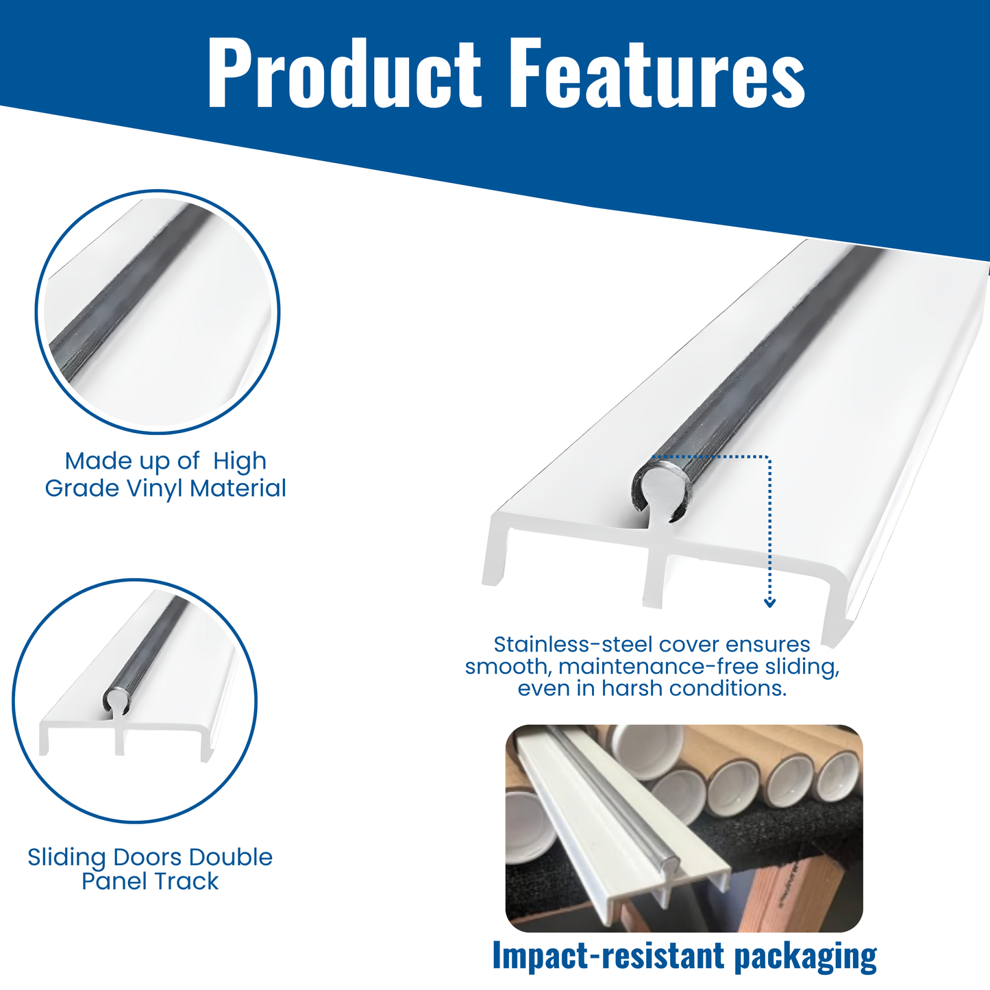 KC Hardware Premium White Vinyl Sliding Door Track with Stainless Steel Cover - Ideal for Glass and Screen Doors, Home Improvement and Patio