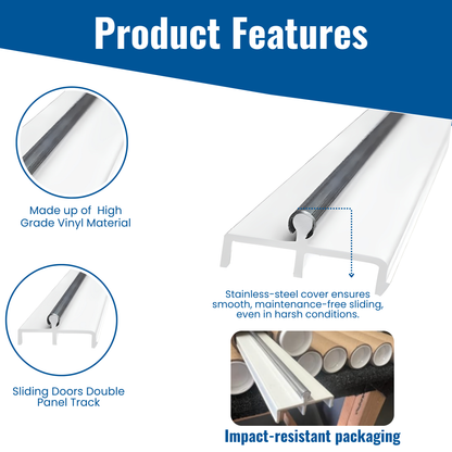 KC Hardware Premium White Vinyl Sliding Door Track with Stainless Steel Cover - Ideal for Glass and Screen Doors, Home Improvement and Patio