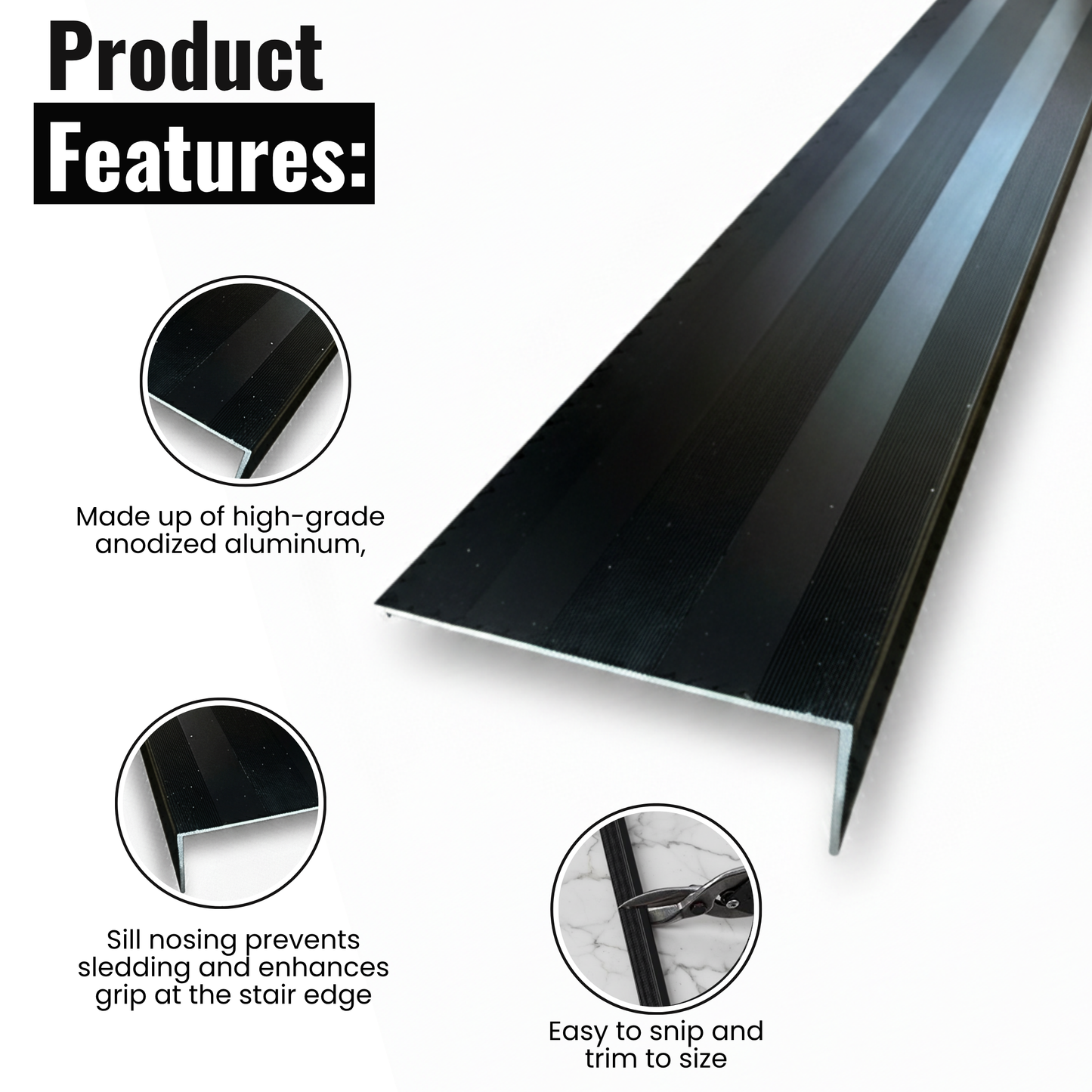 Black Aluminum Stair Nosing 36" length – Heavy-Duty Stair Edge Protector, Non-Slip Stair Nose Molding, Scratch-Resistant Stair Sill Trim for Safety & Durability