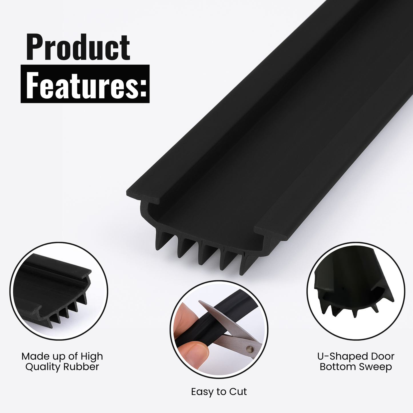 KC Hardware U Shaped Rubber Door Bottom Sweep| Weather Stripping Door Seal Bottom for Front Door Bottom| Under Door Seal for Exterior Doors| Black- 48 Inch