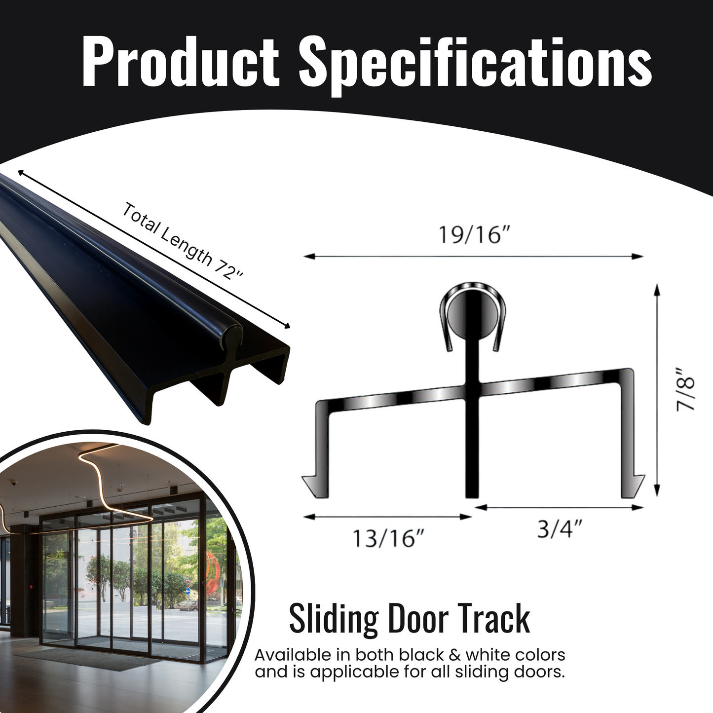 KC Hardware Premium Black Vinyl Sliding Door Track with Stainless Steel Cover - Ideal for Glass and Screen Doors, Home Improvement and Patio.