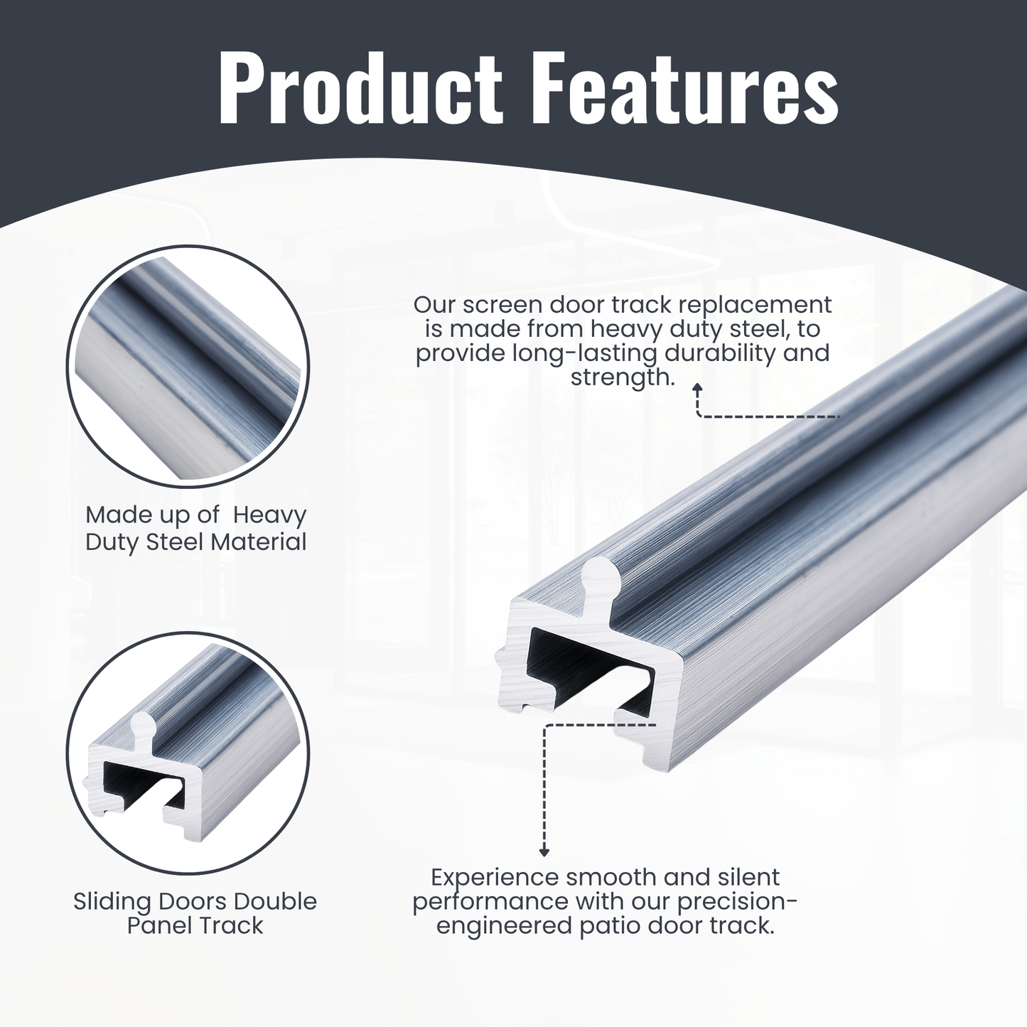 Stainless Steel Sliding Screen Door Track – Heavy-Duty Steel Bottom Track Replacement for Patio and Exterior Doors, Sliding Door Repair Rail- Silvery Finish