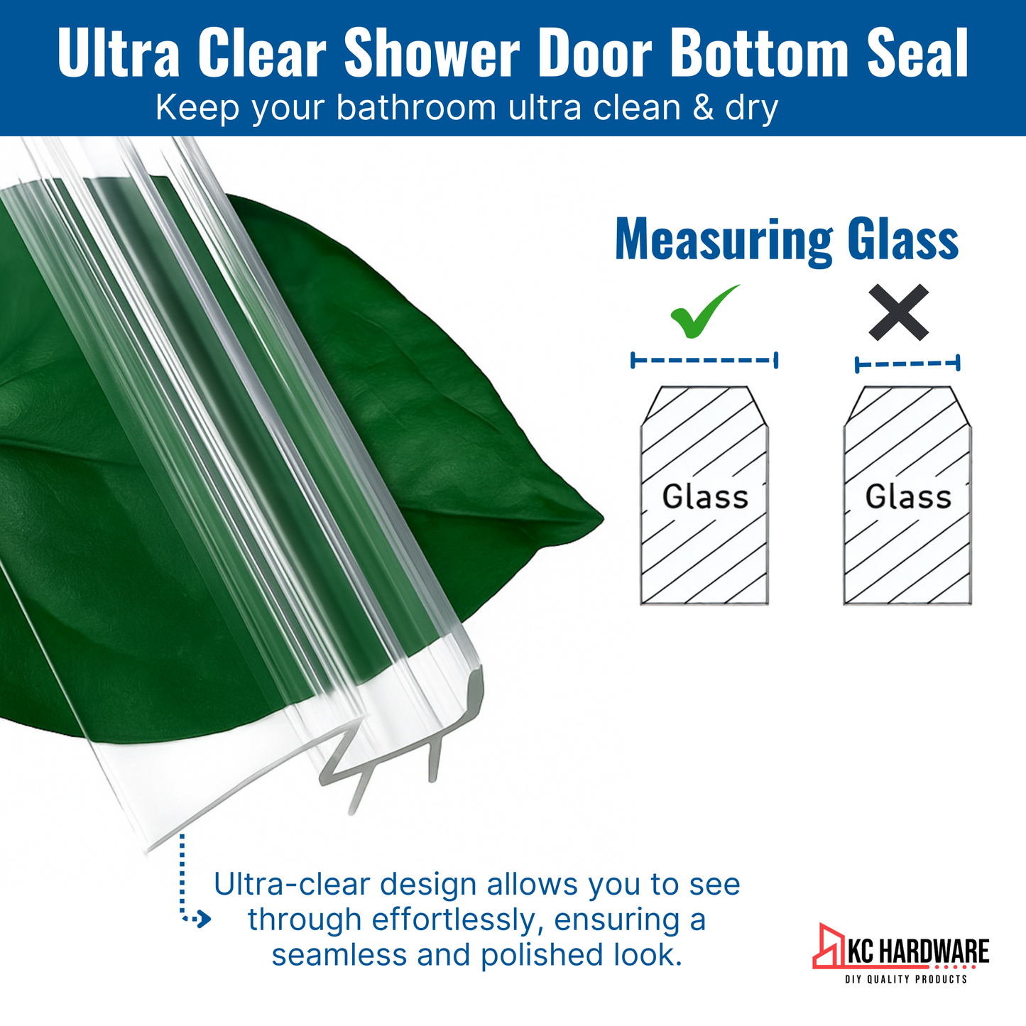 KC Hardware Frameless Shower Door Bottom Seal Strip with Drip Rail - Shower Door Seal Sweep for 1/2 Inch(10 -12mm) Thick Glass- Acts as a Leak Guard to Prevent Water Leaks- 39 Inch- Ultra Clear