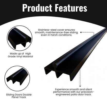 KC Hardware Premium Black Vinyl Sliding Door Track with Stainless Steel Cover - Ideal for Glass and Screen Doors, Home Improvement and Patio.