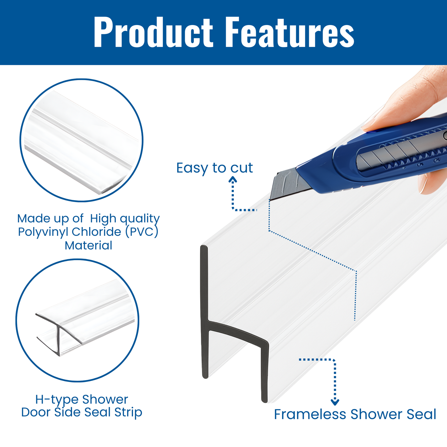 CBW Frameless Shower Door Side Seal Strip H-Type 180 Degree 72'' Length, Clear (1/4'' Glass)