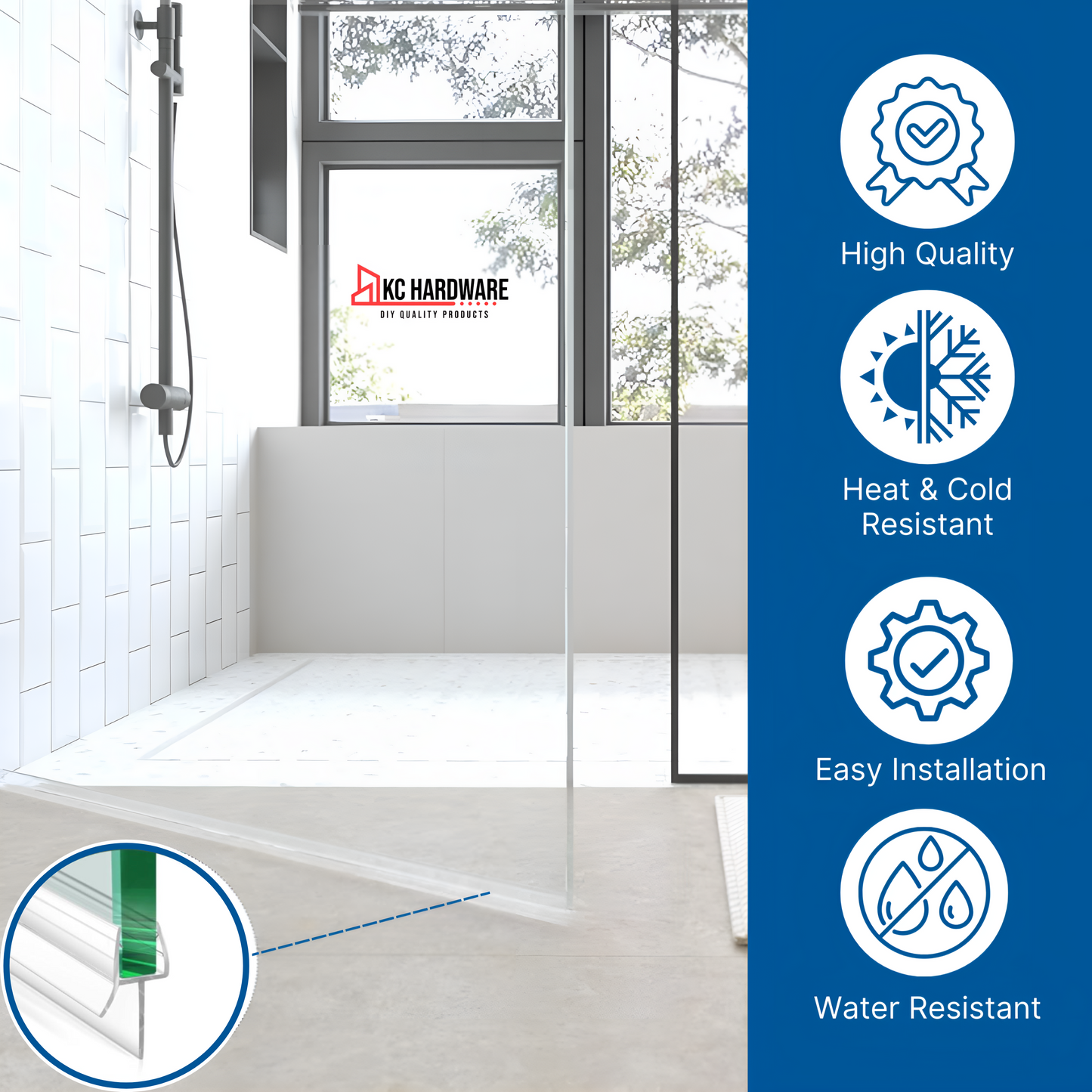 KC Hardware 36 Inch Frameless Clear Door Bottom Seal with Wipe, Shower Door Sweep for 1/4 Glass- Stops Water Leakage and Shower Leaks