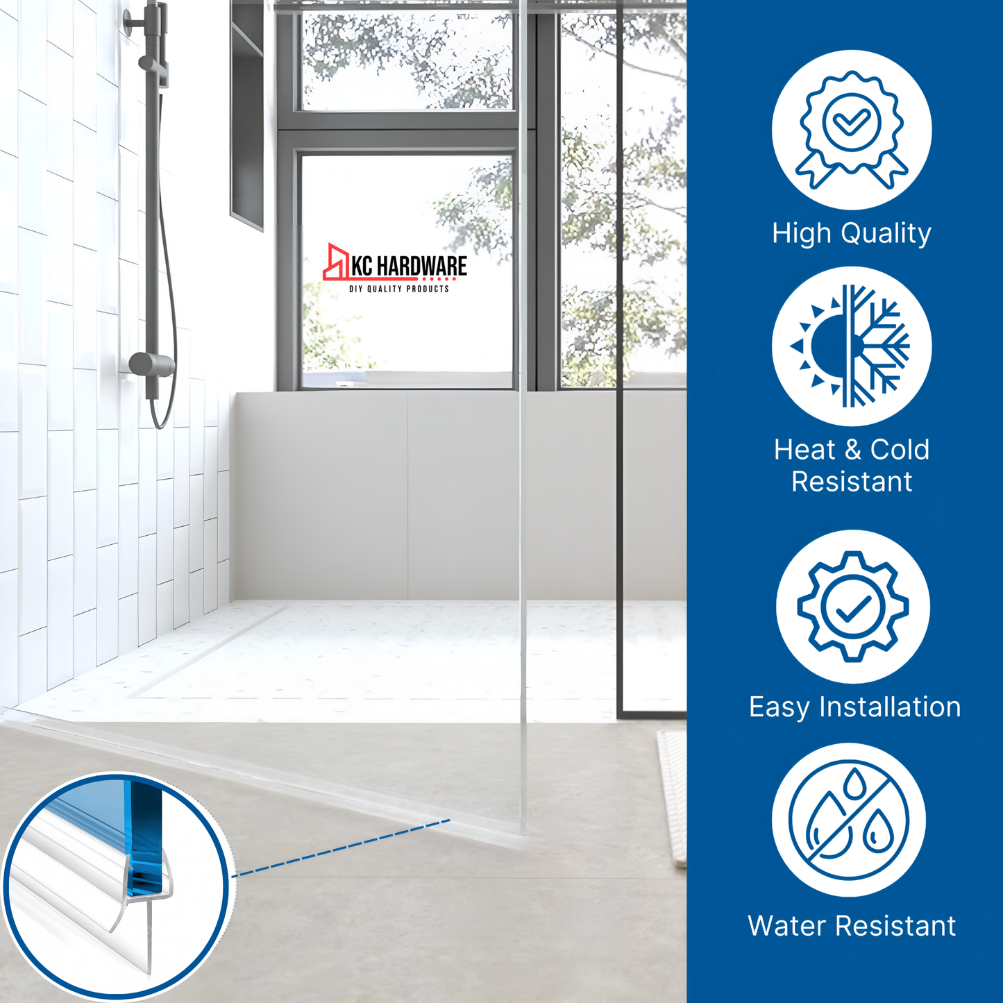 KC Hardware 47 Inch Frameless Clear Door Bottom Seal with Wipe, Shower Door Sweep for 3/8 Inch (8-10mm) Glass- Stops Water Leakage and Shower Leaks