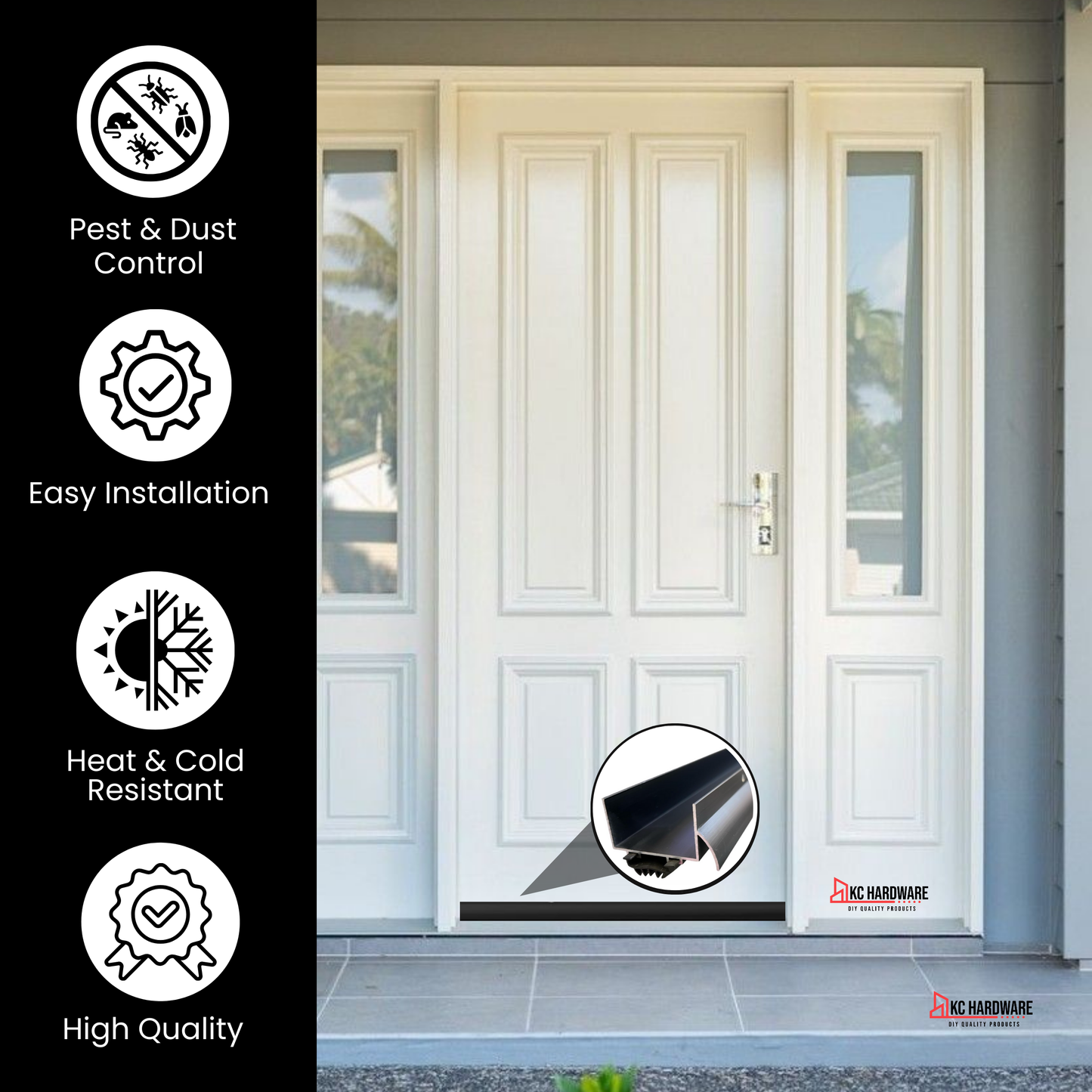 U Shaped Aluminum Door Bottom Sweep with Drip Cap, Weather Stripping Seal for Exterior Doors, 1 3/4" Width, Black