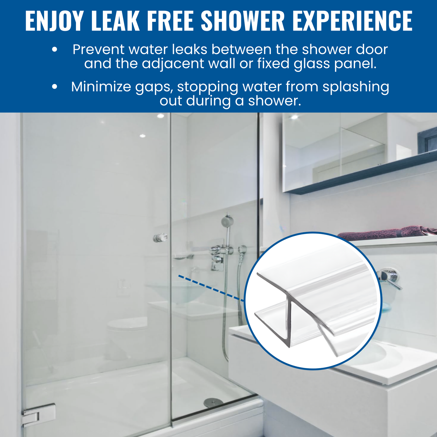 KC Hardware 95 Inch Frameless Shower Door Side Seal Strip, Door H-Jamb with Vinyl Insert (180 Degree) for 3/8 Inch (8-10mm) Thick Glass, Water Guard That Prevents leaks, Ultra Clear