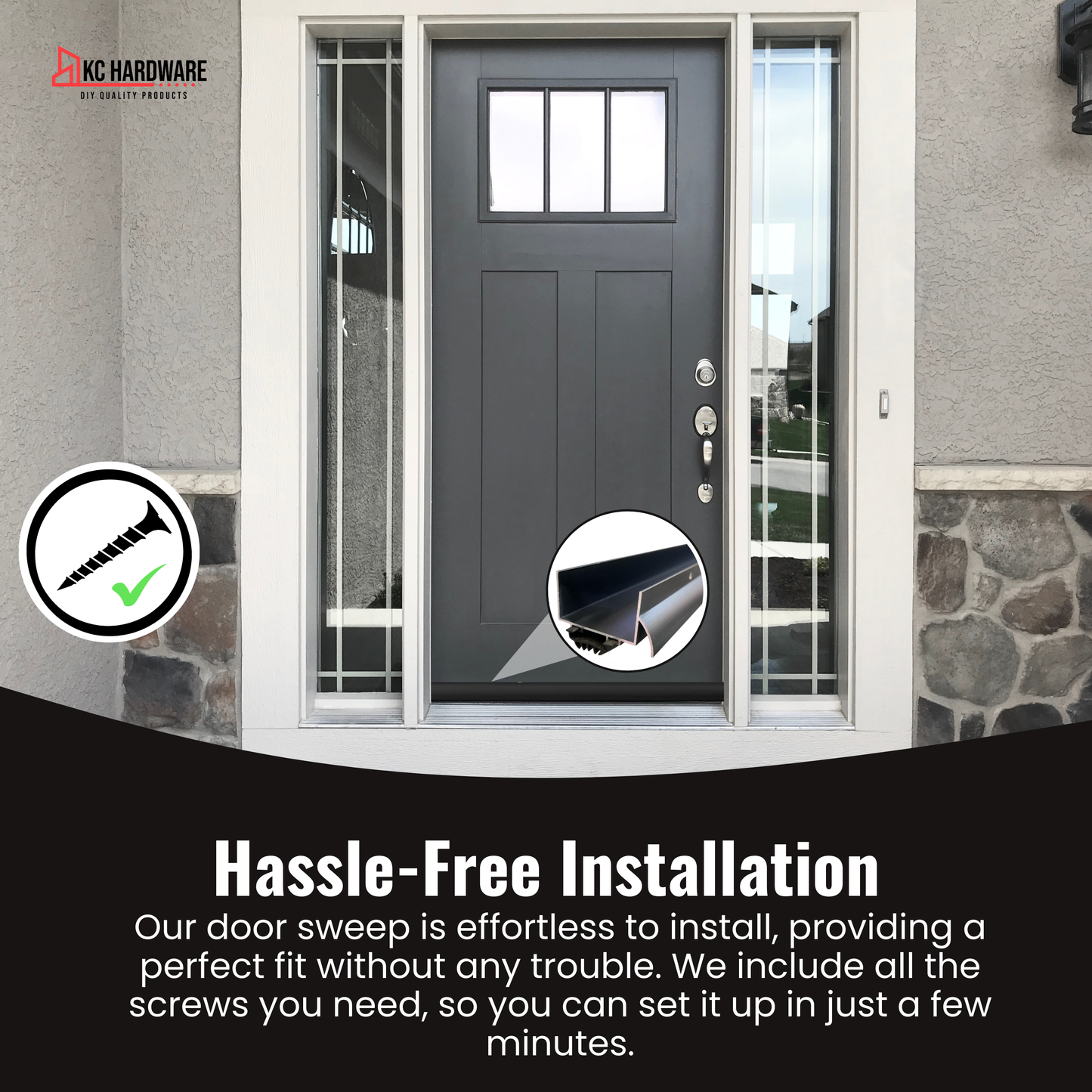 U Shaped Aluminum Door Bottom Sweep with Drip Cap, Weather Stripping Seal for Exterior Doors, 1 3/4" Width, Black