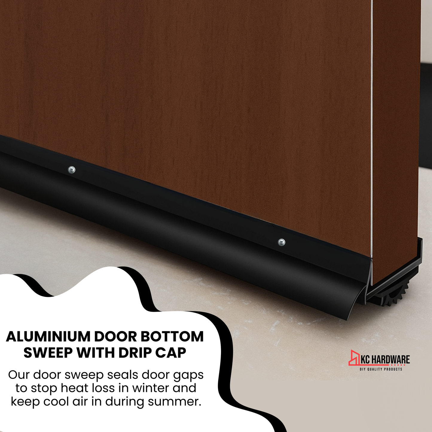 U Shaped Aluminum Door Bottom Sweep with Drip Cap, Weather Stripping Seal for Exterior Doors, 1 3/4" Width, Black