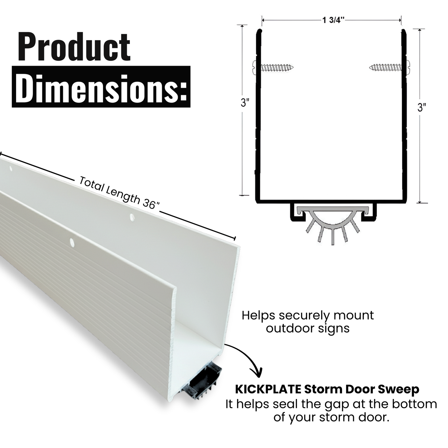 36 In White Aluminum U-Shaped Storm Door Bottom Sweep with Rubber Seal