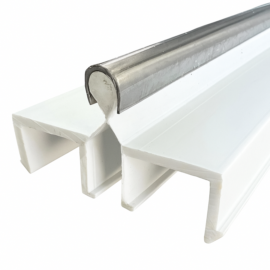 White Vinyl Double Panel Sliding Door Track w/ Metal Track Cover - 72/96