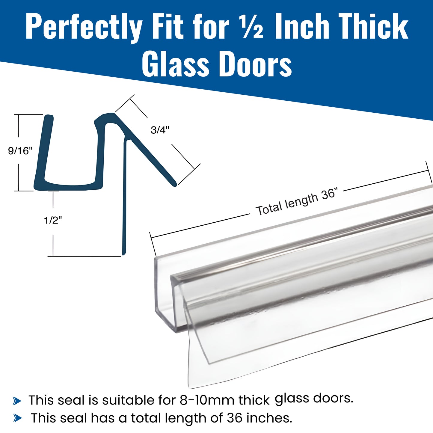 1/2-Inch Glass, 36-Inch Frameless Shower Door Side Seal