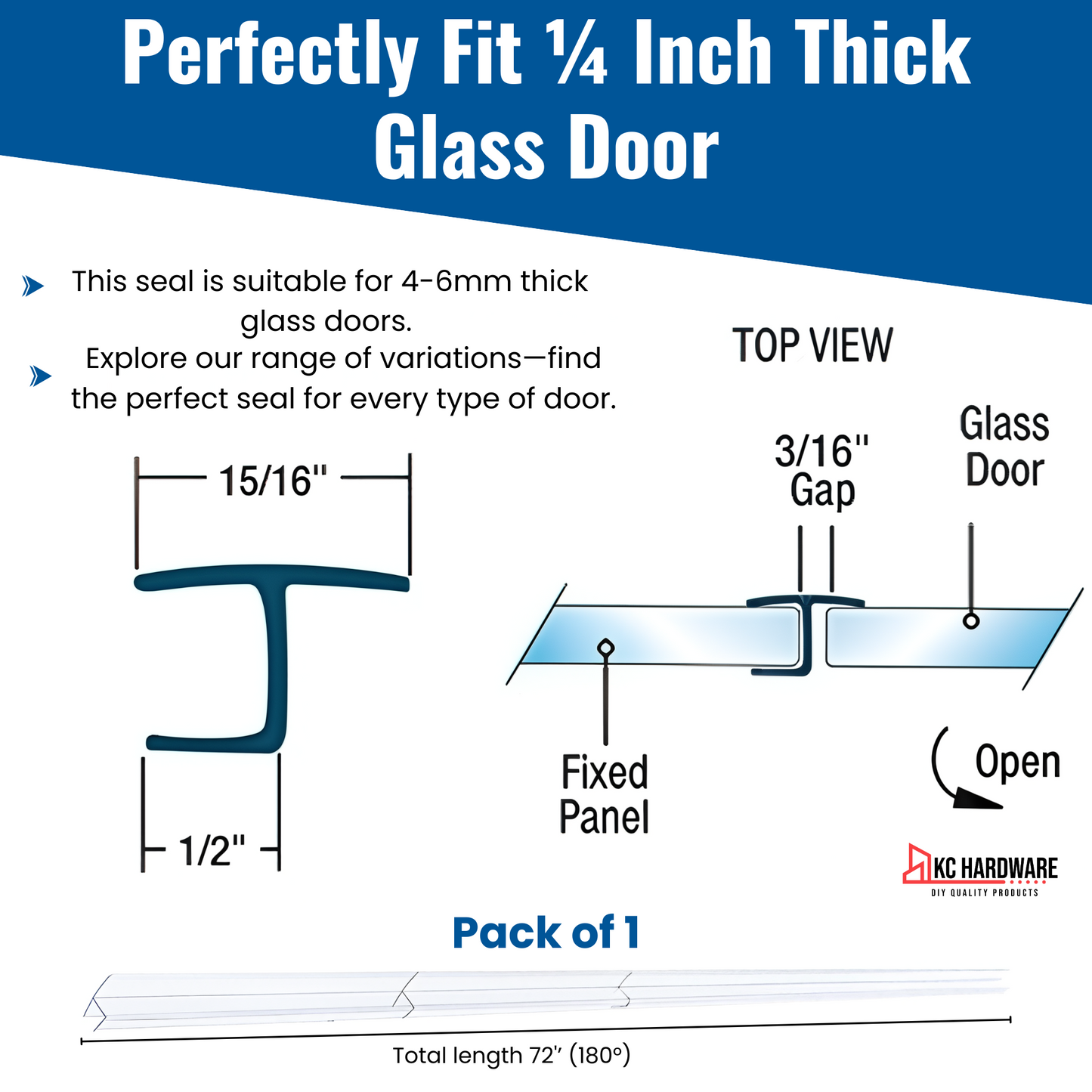 CBW Frameless Shower Door Side Seal Strip H-Type 180 Degree 72'' Length, Clear (1/4'' Glass)