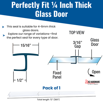CBW Frameless Shower Door Side Seal Strip H-Type 180 Degree 72'' Length, Clear (1/4'' Glass)