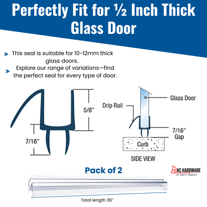 KC Hardware Frameless Shower Door Bottom Seal Strip with Drip Rail - Shower Door Seal Sweep for 1/2 Inch(10 -12mm) Thick Glass- Acts as a Leak Guard to Prevent Water Leaks- 39 Inch- Ultra Clear