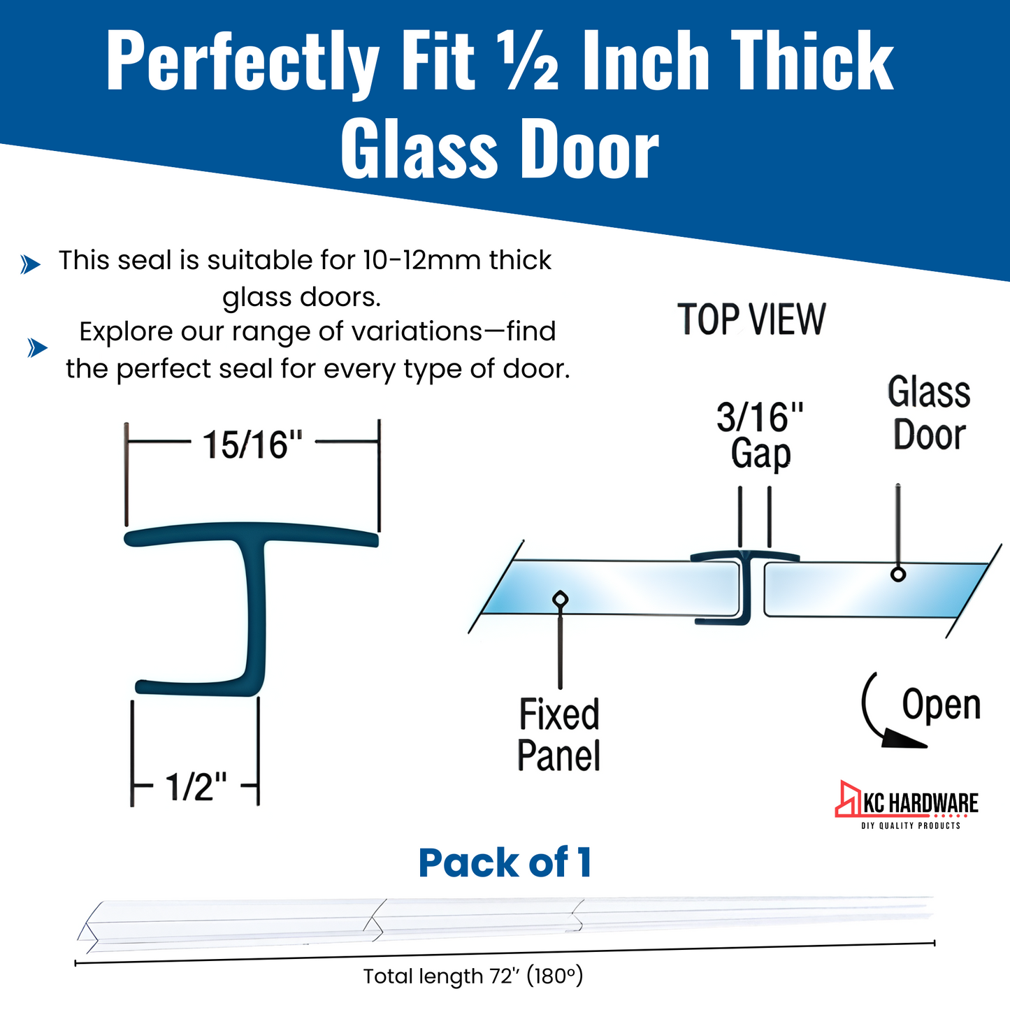 CBW Frameless Shower Door Side Seal Strip H-Type 180 Degree 72'' Length, Clear (1/2'' Glass)