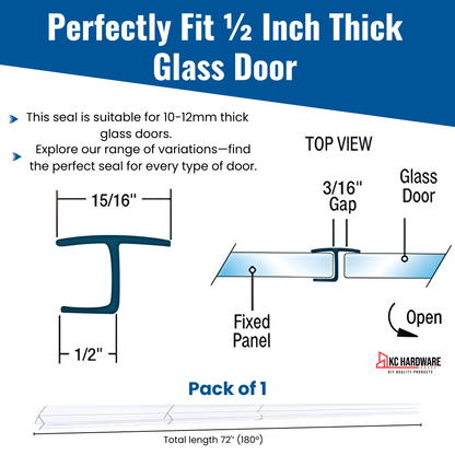 CBW Frameless Shower Door Side Seal Strip H-Type 180 Degree 72'' Length, Clear (1/2'' Glass)