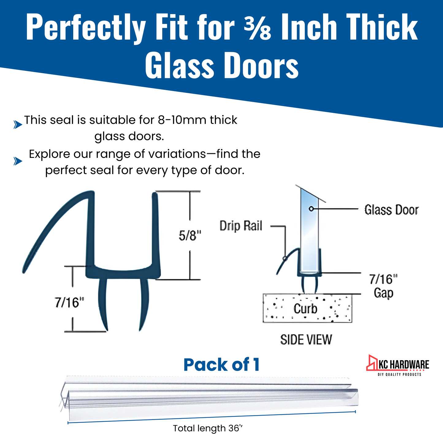 KC Hardware Frameless Shower Door Bottom Seal Strip with Drip Rail - Shower Door Seal Sweep for 3/8 Inch Thick Glass - Acts as a Leak Guard to Prevent Water Leaks - 36 Inch - Ultra Clear