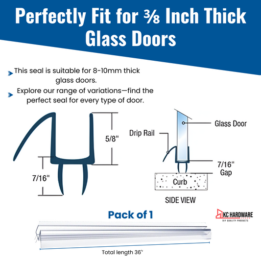 KC Hardware Frameless Shower Door Bottom Seal Strip with Drip Rail - Shower Door Seal Sweep for 3/8 Inch Thick Glass - Acts as a Leak Guard to Prevent Water Leaks - 36 Inch - Ultra Clear