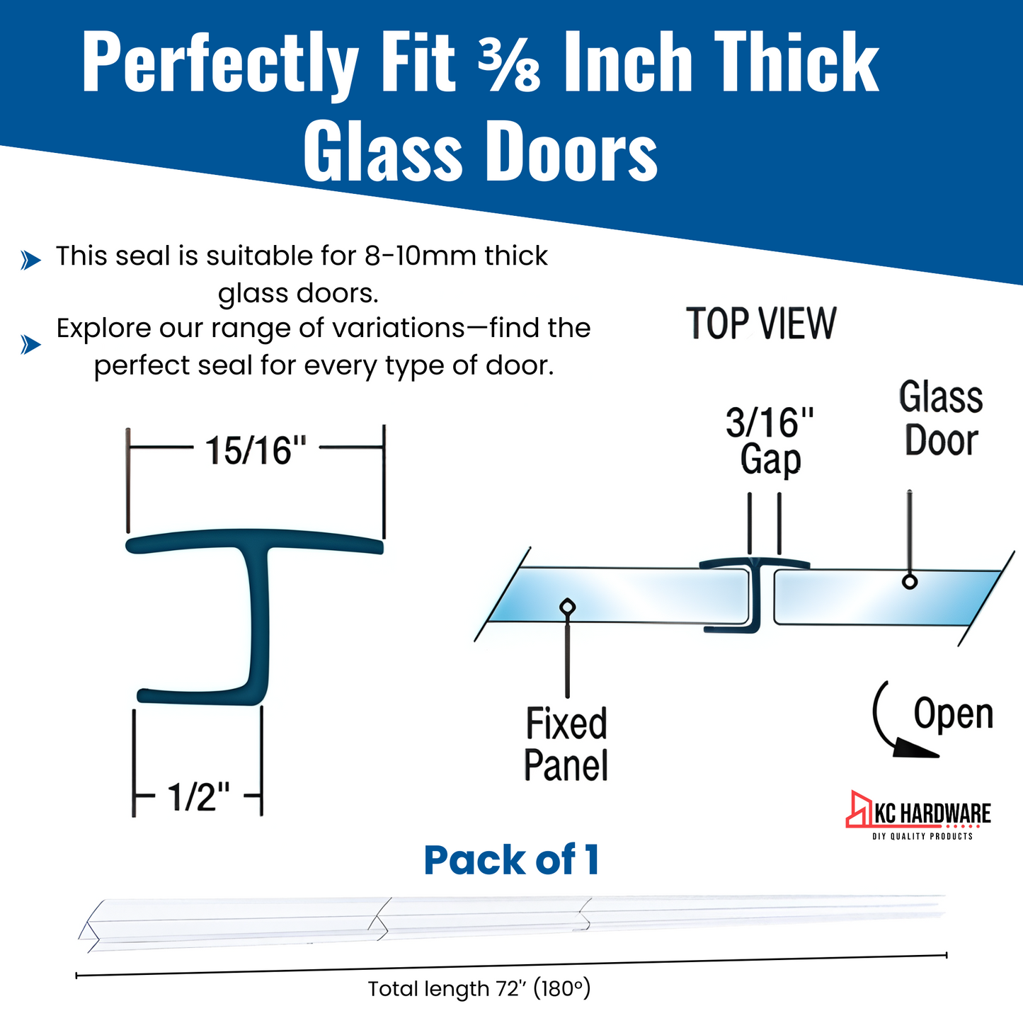 CBW Frameless Shower Door Side Seal Strip H-Type 180 Degree 72'' Length, Clear (3/8'' Glass)